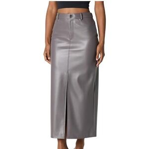 The Drop Womens Faux Leather Midi Pencil Skirt High Waist Front Slit Gray S